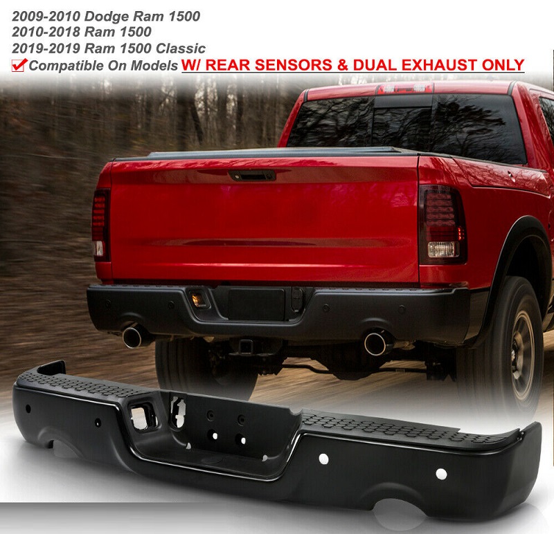 Black Dual Exhaust with Sensor Rear Bumper and Caps 09-18 Ram